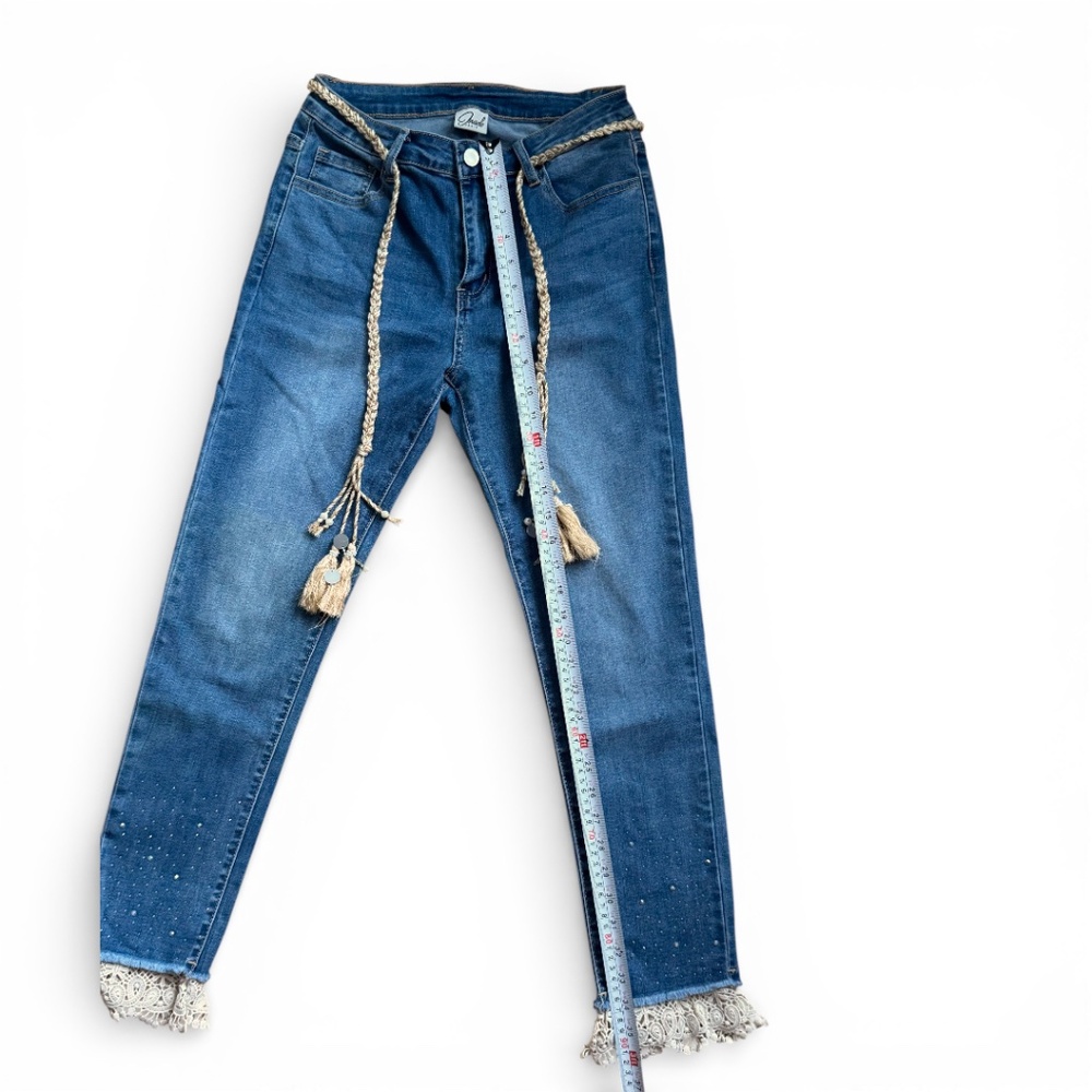 ONADO PARIS Blue embellished skinny jeans lace hem boho tassel detail size M /38 - Picture 8 of 10